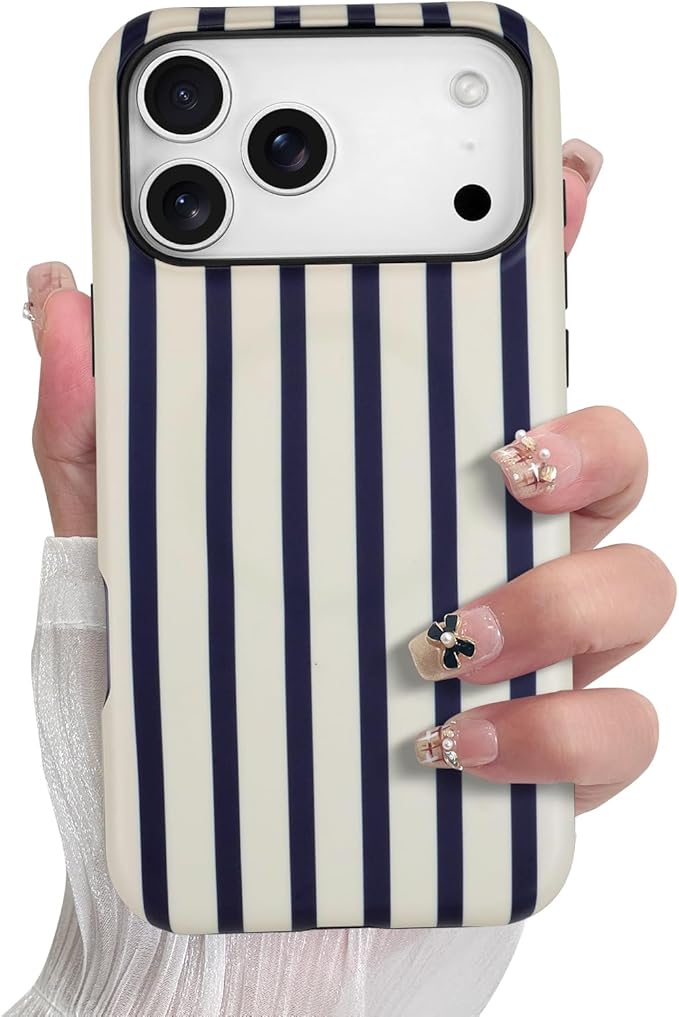 SOKAD Magnetic Vertical Stripes Phone Case for iPhone 17 Pro, Cute Navy Blue Striped Line Pattern Compatible with Magsafe Matte Protective Case Cover with Screen Protector for Girls Women