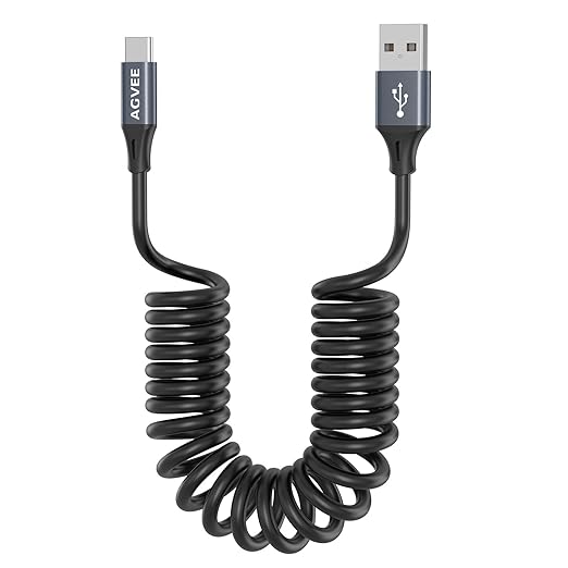 AGVEE 5ft Coiled Short USB to USB-C Charging Cable [USB-IF Certified] 3A Fast Charger Cord in Car for iPhone 16/15 CarPlay, Galaxy S25 S24 S23 S22 S21 S10 S9 S8, Google Pixel, Dark Gray