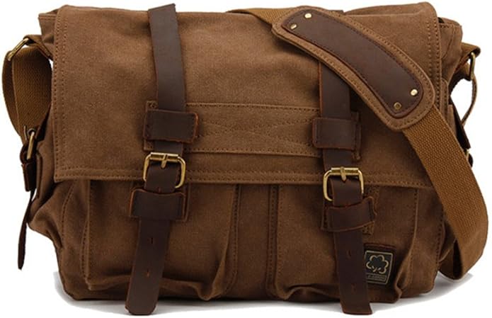 Sechunk Vintage Military Leather Canvas Laptop Bag Messenger Bags Medium