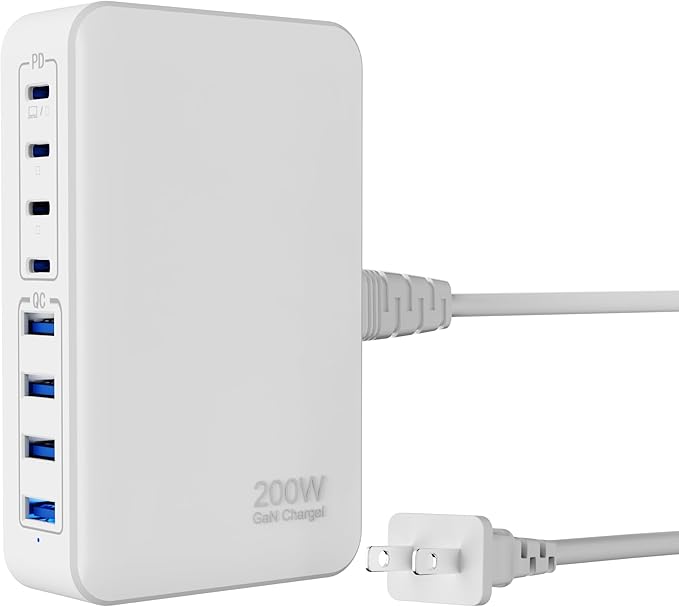 GaN 200W 8-Port USB Fast Charging Station | PD 65W Laptop & Multi-Device Adapter | Compatible with MacBook Pro/Air, iPhone 16/15/14, Galaxy S23/22 (White)