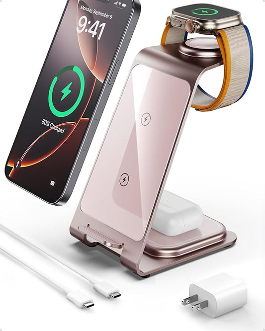 Intoval 3 in 1 Wireless Charging Station for iPhone 16 15 14 13 12 11 X Pro Max, Wireless Charger for Apple Watch Ultra 3 SE 9 8 7 6 5 4 3 2, for AirPods 4 Pro Pro 2 3 (Y93, Pink)