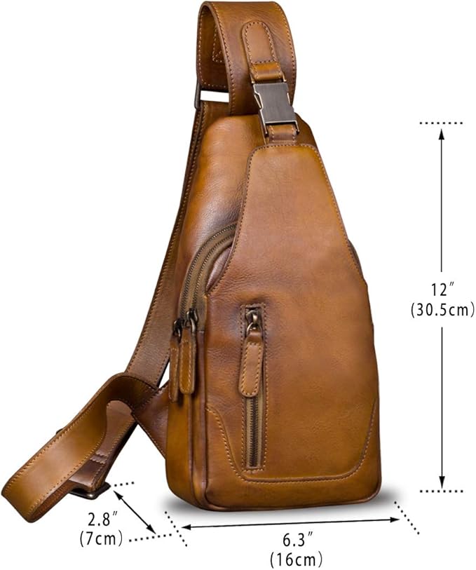 IVTG Genuine Leather Sling Bag for Men and Women Chest Shoulder Crossbody Hiking Backpack Vintage Handmade Daypack