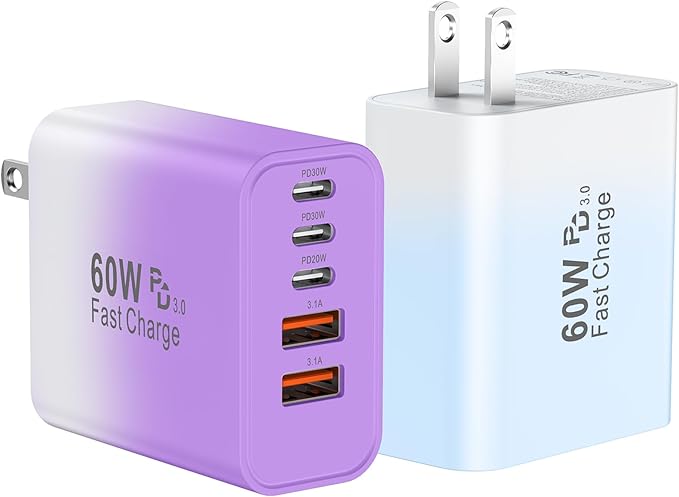 USB C Fast Wall Charger Block, 2Pack 60W USBC Charging Cubes, 5-Port PD+QC Power Adapter Multiport Brick Type C Box Plug for Phone 16/15/14/13/12/11/Pro Max/Plus, Pad Mini/Pro/S25/S24