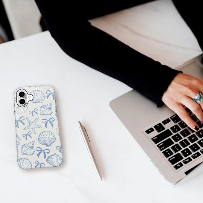 DAIZAG Case Compatible with iPhone 16,Fit Shockproof Cover for Women Girls,Blue Seashell Bow