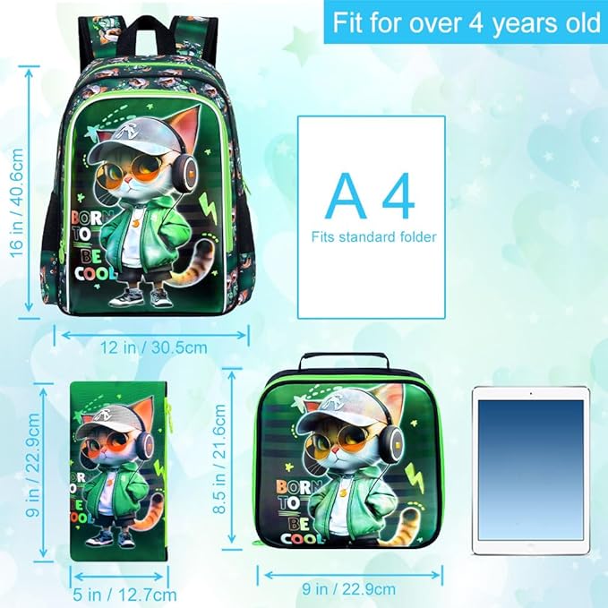 CCJPX 16" Cat Backpack for Boys, 3PCS Kids Water Resistant Preschool Bookbags, Cool Kindergarten School Backpacks and Lunch Box