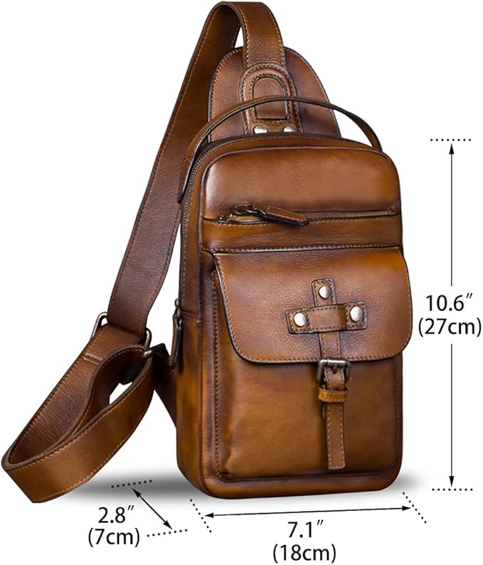 IVTG Genuine Leather Sling Bag Chest Shoulder Fanny Bag Hiking Backpack Vintage Handmade Crossbody Daypack