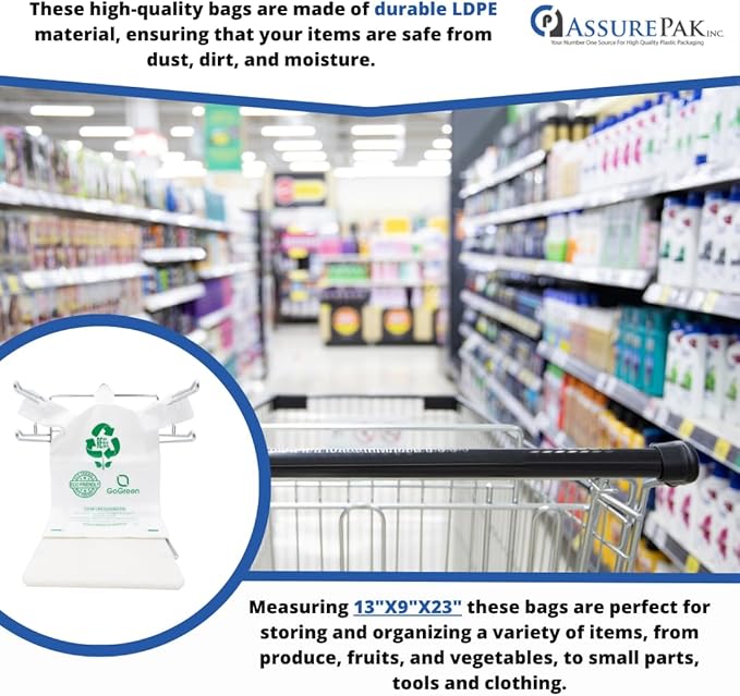 White Reusable/Eco-Friendly LDPE T-Shirt - 1/5 BBL 13"X9"X23" - 150 Bags - 57 Micron (2.25 mil) - White - WHLD225MREUSE1323 - AssurePak