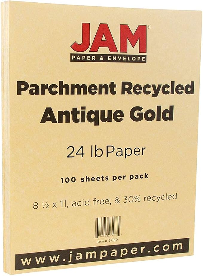JAM PAPER Parchment 24lb Paper - 90 GSM - 8.5 x 11 - Antique Gold Recycled - 100 Sheets/Pack