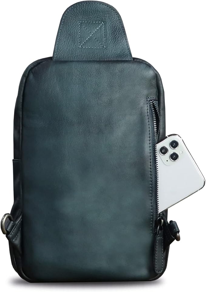 IVTG Genuine Leather Sling Bag Casual Shoulder Hiking Backpack Vintage Handmade Crossbody Bag Retro Chest Daypack (NavyBlue)