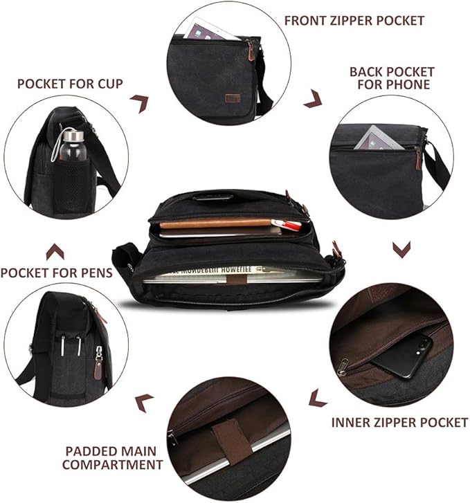 Modoker Messenger Bag for Men, 13 Inches Laptop Satchel Bags, Canvas Shoulder Bag with Bottle Pocket