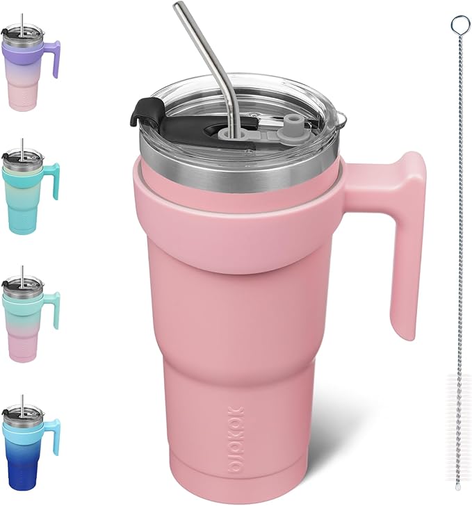 BJPKPK Tumbler With Handle 20 oz Stainless Steel Double Wall Insulated Tumbler Cups With Lid And Straw,Light Pink