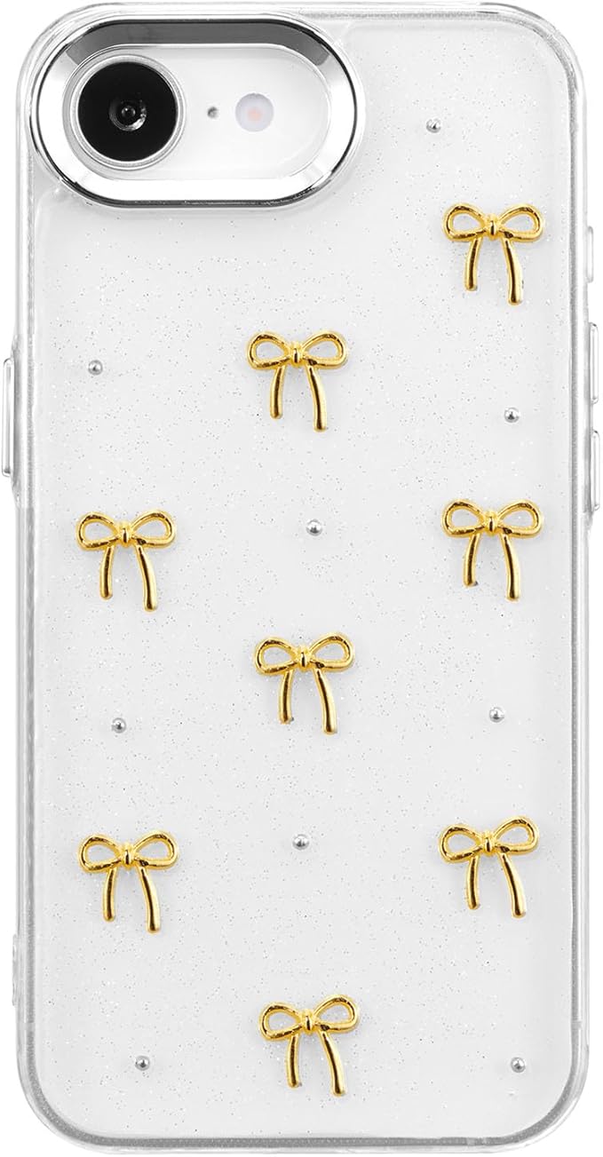 EYZUTAK Case for iPhone 16e, Bling Glitter 3D Bowknot Phone Case Cute Sparkly Crystal Clear Bow Aesthetic Design Cover Slim Soft Durable TPU Transparent Protective Cover for Women Girls - Gold Bow