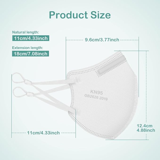 Adjustable KN95 Masks, 5-Layer Disposable Respirator Masks with Adjustable Ear Loops, Individually Wrapped