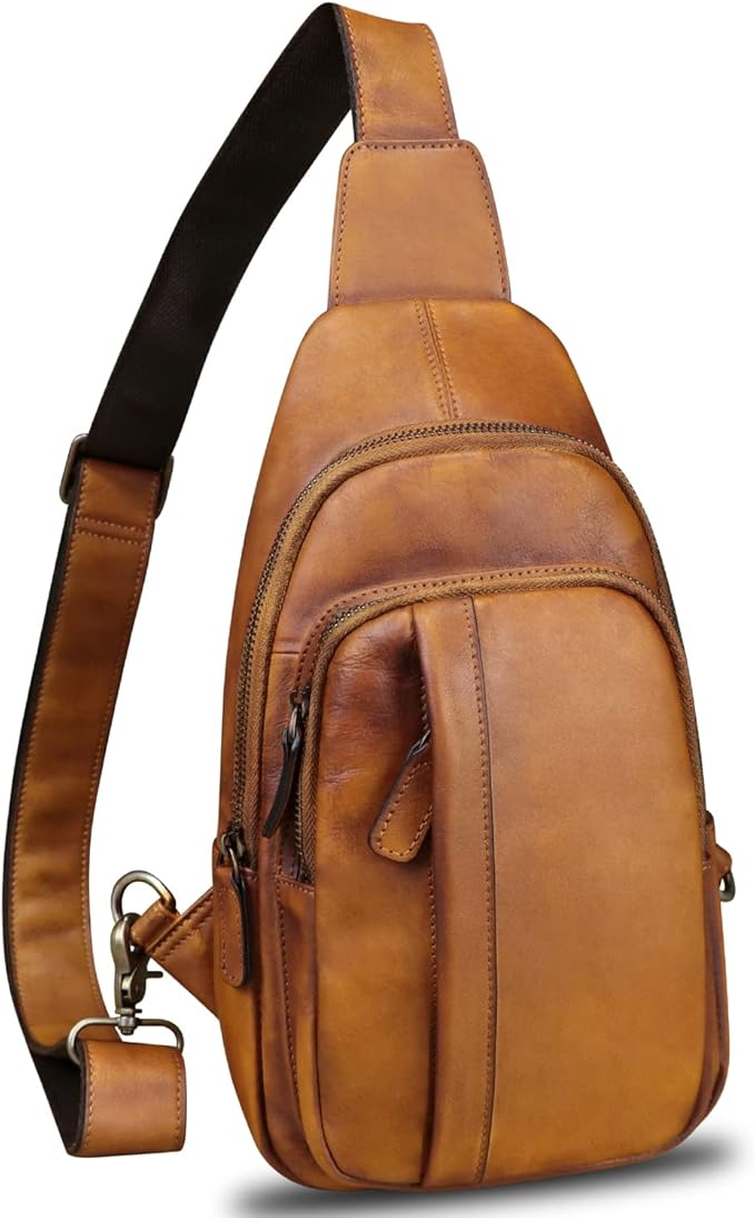 IVTG Genuine Leather Sling Bag Crossbody Casual Hiking Daypack Vintage Handmade Chest Shoulder Backpack Motorcycle Cycling Purses (Brown)