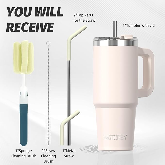 30 oz Tumbler with Handle,Tumbler with Lid and Straw,Double Wall Insulated Cup Stainless Steel Travel Mug(Cold for 34 Hours),Water Bottle for Iced Tea,Coffee,Cold Beverages(Ivory Beige)