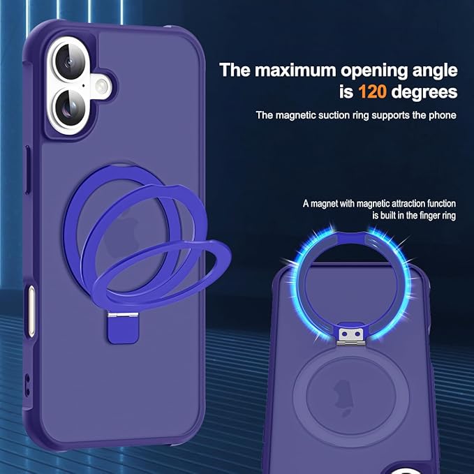 Compatible with iPhone 16 Plus Case with Invisible Magnetic O-Ring Stand Military-Grade Translucent Case for iPhone 16 Plus 6.7" [Compatible with Mag-Safe][Great Grip Feeling], Navy