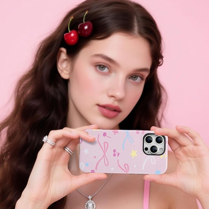 QLTYPRI Case for iPhone 15 Pro Max, Aesthetic Colorful Bow Cherry Stars Phone Case for Girls Women, Protective Hybrid 2-Layer Hard Shell Silicone Cover Durable Shockproof Phone Cover - Pink