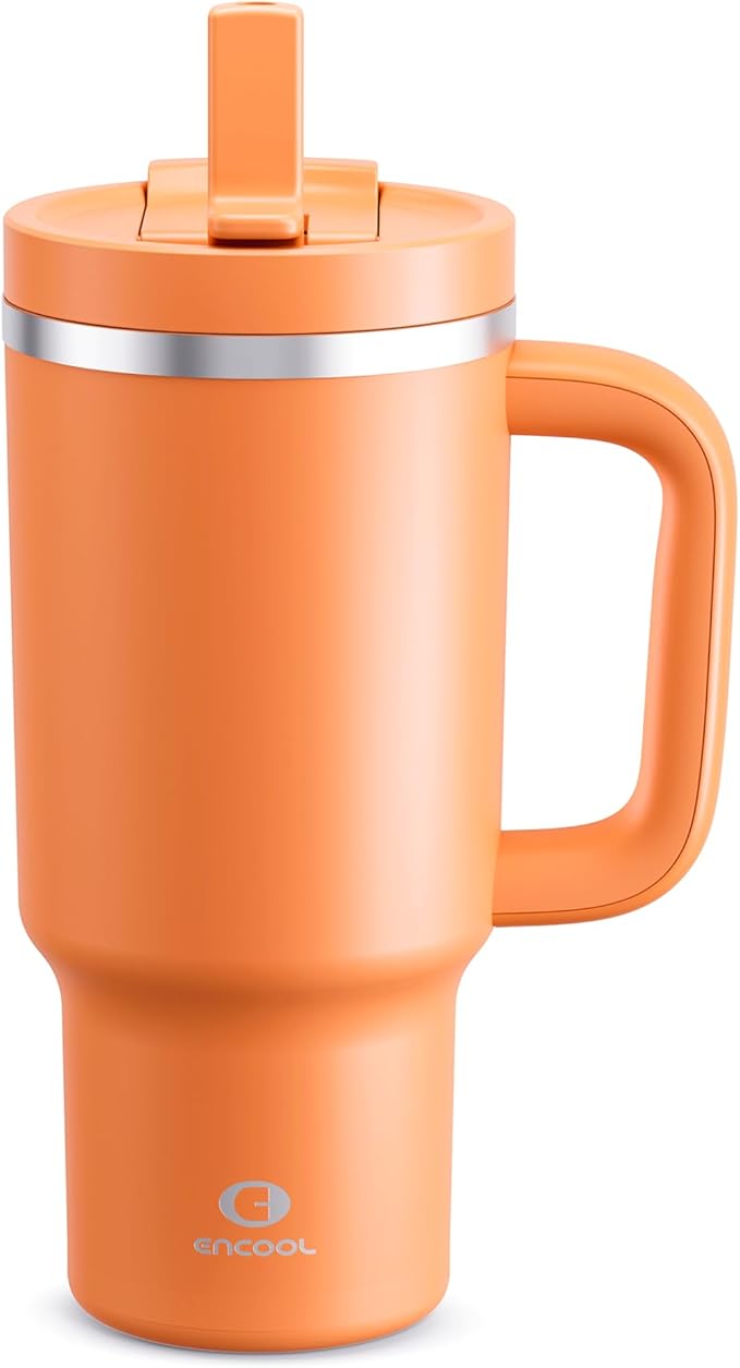 32 oz Tumbler with Handle and Straw: Stainless Steel Insulated Tumbler Keeps Cold for 24 Hours, Leakproof Travel Cup Fits in Cup Holder and BPA-Free, Moderate Orange