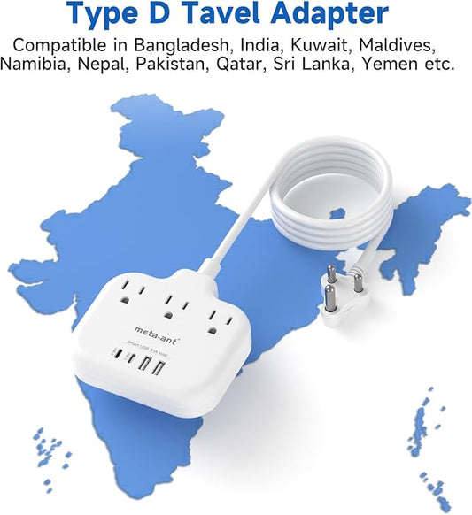 US to India Plug Adapter, meta-ant India Power Adapter with 3 American Outlets 4 USB Charger Ports(2 USB C), 5FT India Extension Cord, Type D Travel Adapter for USA to India Bangladesh Maldives Nepal