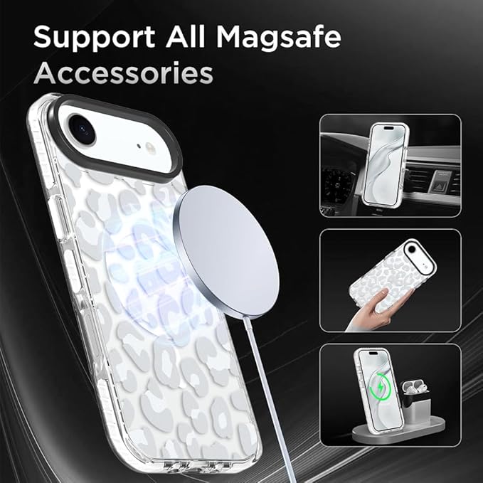 SAKUULO Magnetic for iPhone Air Case with Screen Protector [Compatible with MagSafe] Light Gray Leopard Print Pattern Wireless Charge Strengthen Protection Cover Light Gray Leopard (6.7")