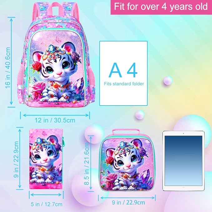 16" Girls Backpack, 16" Kids Bookbag with Lunch Box，Tiger School Backpacks for Elementary Preschool Kindergarten (Pink)