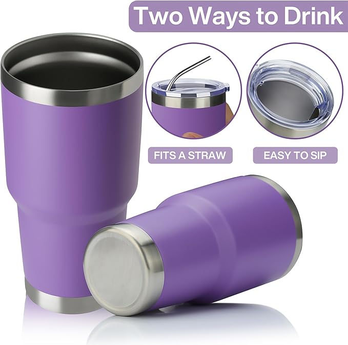 MEWAY 30oz Insulated Tumbler With Lids and Straws,Stainless Steel Double Vacuum Coffee Tumbler Cup, Brush, Durable Powder Coated Coffee Cup for Cold & Hot Drinks, Office, Travel(Purple,4 PACK)