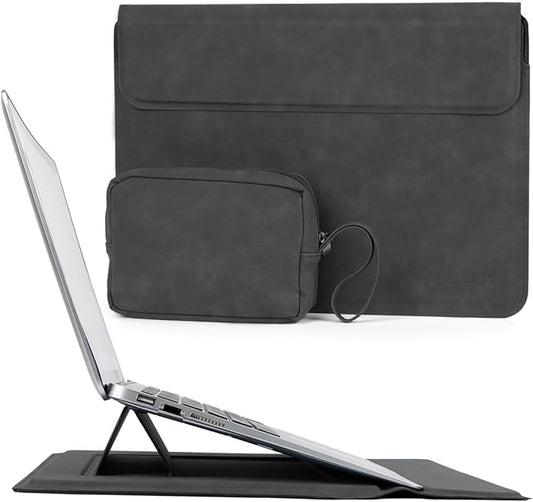 Allinside 13-14 Inch Laptop Sleeve Case for MacBook Pro 14" 2021-2024/MacBook Air 13" 2010-2017/MacBook Pro 13" 2010-2015, Waterproof PU Leather Sleeve Cover with Stand & Accessory Pouch, Black