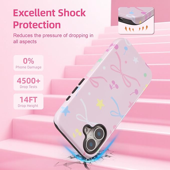 QLTYPRI Case for iPhone 16, Aesthetic Colorful Bow Cherry Stars Phone Case for Girls Women, Protective Hybrid 2-Layer Hard Shell Silicone Cover Durable Shockproof Phone Cover - Pink