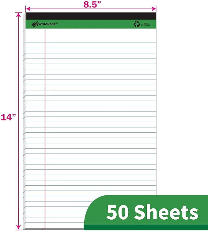 KAISA White Legal Pads Writing Pads Recycled Paper, 8.5"x14" Wide Ruled Lined Paper Perforated 50 sheets Hard Back Notepads Large Legal Pad Writing Tablet For Office Supplies (White 12pads)