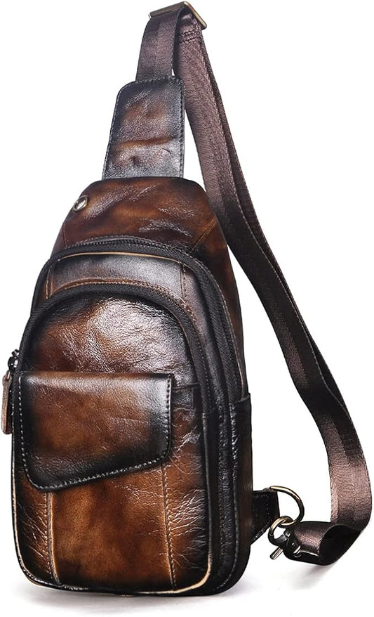 Le'aokuu Men Outdoor Casual Travel Hiking Tea Crossbody Chest Sling Bag Rig One Shoulder Strap Bag Backpack Men Leather