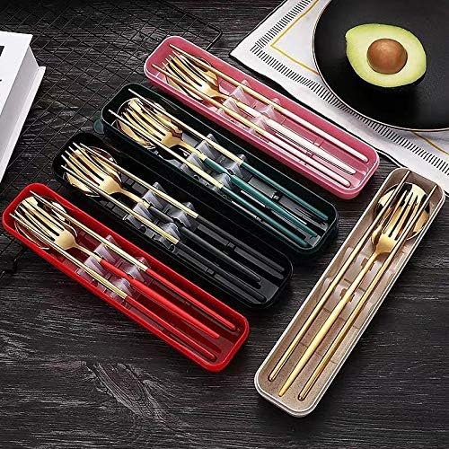 4 Pcs Portable Stainless Steel Tableware Set, Dishwasher Safe Reusable Flatware Cutlery Set, Include Fork Spoon Chopsticks with box (Golden green)