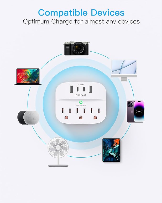 1 Pack Multi Plug Outlet Splitter with USB, Surge Protector Outlet Extender with 3 Wall Outlets 4 USB Wall Charger(2 USB C), 490 Joules, ETL Listed, Small Outlet Adapter Plug Extender for Travel,White