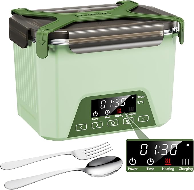 Cordless Electric Lunch Box, 1.2L Self Heating Lunch Box Battery Powered with Automatic Heating, BPA Free, Meal Prep Friendly (Green)