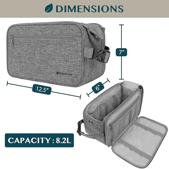 PAVILIA Toiletry Bag for Men, Travel Essentials Shaving Dopp Kit, Mens Travel Bag Toiletries Organizer Case for Grooming, PU Leather Water Resistant Cosmetic Bag Pouch (XL, Heather Grey)