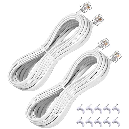25FT Telephone Extension Cord Cable, Landline Phone Line Wire with RJ11 6P4C Plugs, Includes Cable Clips - White - 2 Pack