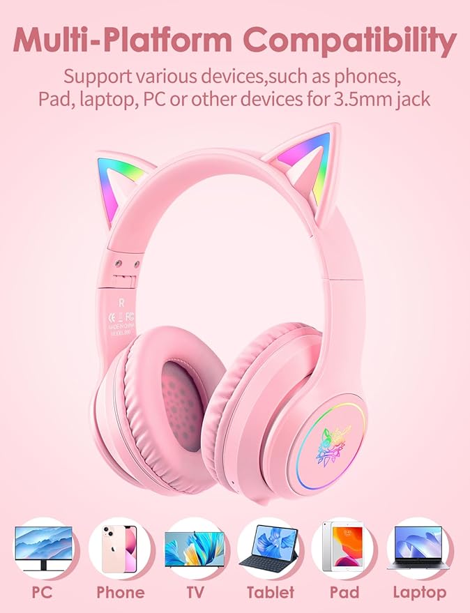 Cat Ear Bluetooth Headphones with Micphone for Kids & Adults, LED Light Up Wireless HI-FI Sound Quality, Over-Ear Headphones with Volume Control for iPhone/iPad/Laptop/PC(55H Play Time)