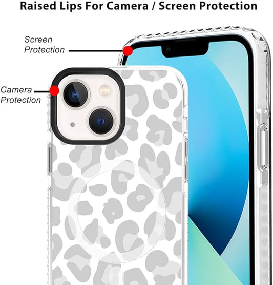 SAKUULO Magnetic for iPhone 13 Case Light Gray Leopard Print Pattern [Compatible with MagSafe] Wireless Charge Slim Shockproof Case for iPhone 13 Phone Case, Gray Leopard (6.1")