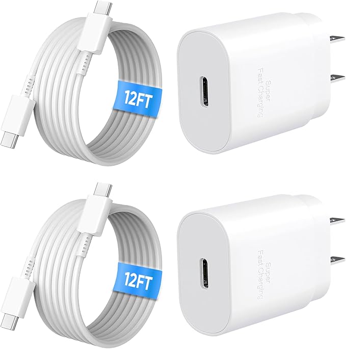 Super Fast Charger Type C, 25W USB C Wall Charger Fast Charging for Samsung Galaxy S24 Ultra/S24/S24+ /S23 Ultra/S23 /S22 Ultra/S22/S21 Ultra/S20 /Note 10 20 with 12ft Type C Charger Cord 2Pack