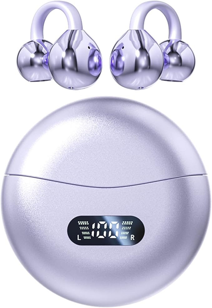 Clip-on Earbuds,Open Ear Earbuds Wireless Bluetooth 5.4, Lightweight Open Ear Headphones with C-Shaped Bridge,Slim Hook,60H Battery,Waterproof,for Glasses Wearers and Workouts (Purple)