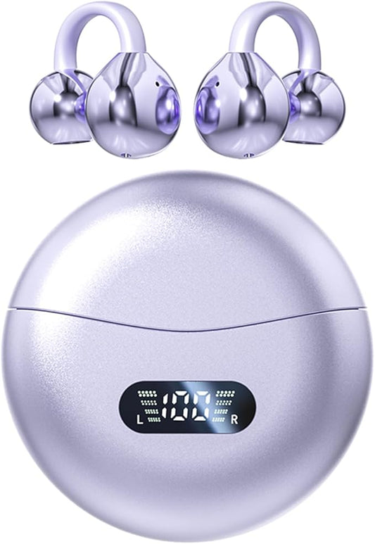 Clip-on Earbuds,Open Ear Earbuds Wireless Bluetooth 5.4, Lightweight Open Ear Headphones with C-Shaped Bridge,Slim Hook,60H Battery,Waterproof,for Glasses Wearers and Workouts (Purple)