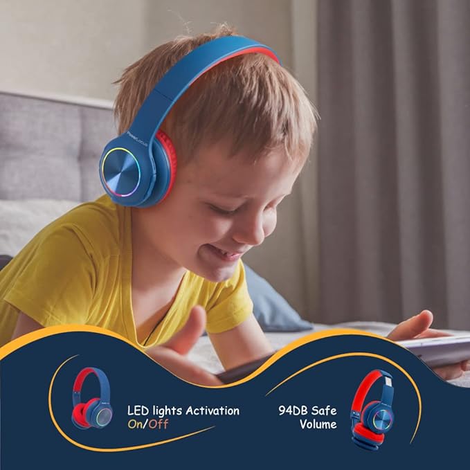 PowerLocus PLED Kids Bluetooth Headphones, Kids Wireless Headphones with LED Lights, 74/85/94dB Safe Volume, Micro SD, AUX Cable, Hi-Fi Stereo, Built-in Mic Over Ear Kid Headphone for Travel/Tablet/PC
