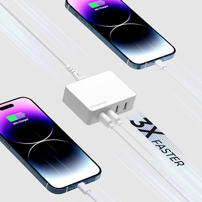 Fenergy 65W USB C Charger Block, GaN Fast Charging Station Hub, 4-Ports USB C and USB A Multiport Desktop Charger Adapter Plug Cube with 6ft AC Cable for iPhone 15 Pro Max/iPad/Galaxy/Tablet and More