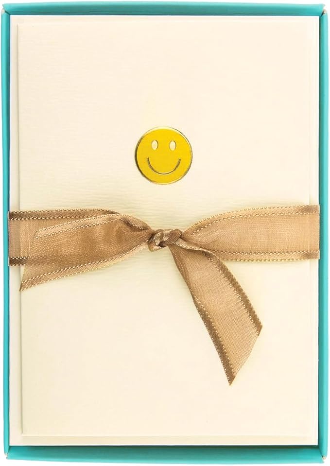 Graphique Smiley Face La Petite Presse Boxed Notecards - 10 Embossed and Embellished Gold Foil Yellow Smiley Face Emoji Blank Cards with Matching Envelopes, 3.25"" x 4.75""" (L1333CB)