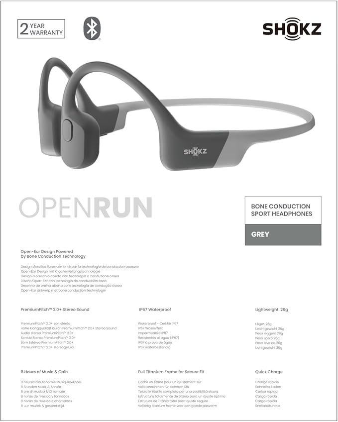 SHOKZ OpenRun (AfterShokz Aeropex) - Open-Ear Bluetooth Bone Conduction Sport Headphones - Sweat Resistant Wireless Earphones for Workouts and Running - Built-in Mic, with Headband