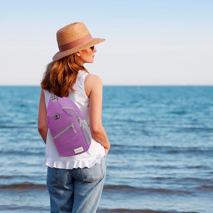 ZOMAKE Sling Bag,Small Crossbody Sling Backpack,Water Resistant Shoulder Daypack for Travel,Anti Thief Chest Bag for Hiking(Purple(Stripe))