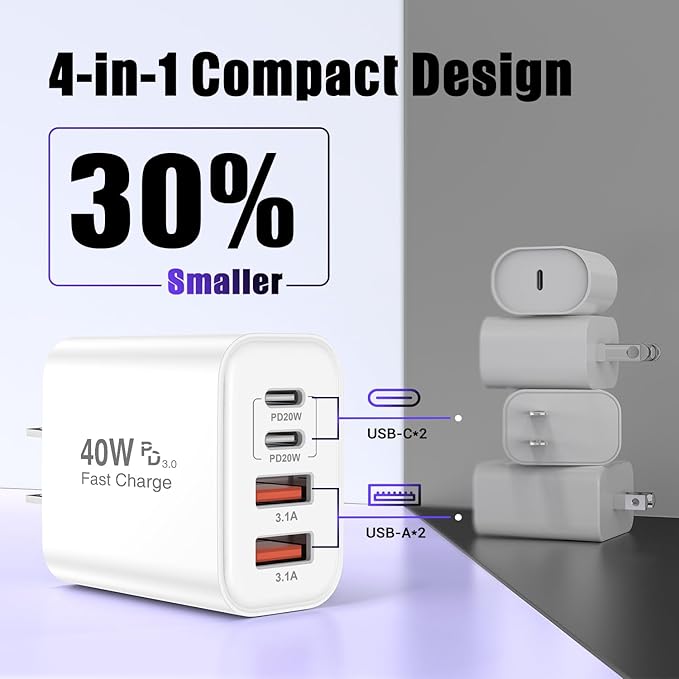 USB C Charger Block, 40W 3Pack 4-Port Type C Fast Charging Wall Cube, Dual PD&QC Power Adapter Multiport Charger Wall Plug Type C Brick for iPhone 16/15/14/13/12/11 Pro Max XR XS, iPad Pro/Air/Mini