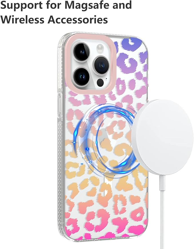 SAKUULO Magnetic for iPhone 14 Pro Max Case Colourful Leopard Print Pattern [Compatible with MagSafe] [with Screen Protector] Wireless Charge Strengthen Protection Cover, Colourful Leopard (6.7")