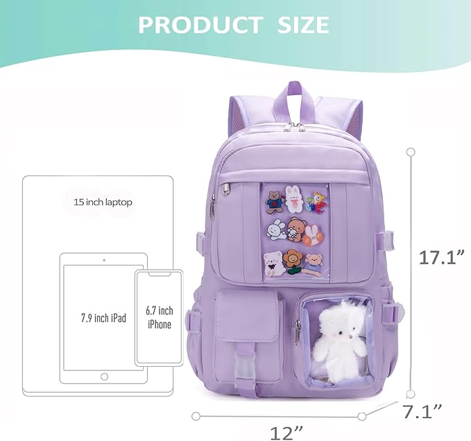 Kawaii Backpack for Teen Girls, Cute Aesthetic High Middle School College Bookbag with Accessories,Light Purple