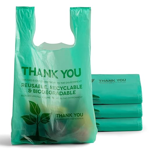 FMP Brands 500 Count Eco Biodegradable Plastic Grocery Bags with Handles, Reusable T-Shirt Thank You Shopping Bags Bulk for Small Business, Restaurant, Groceries, Supermarket