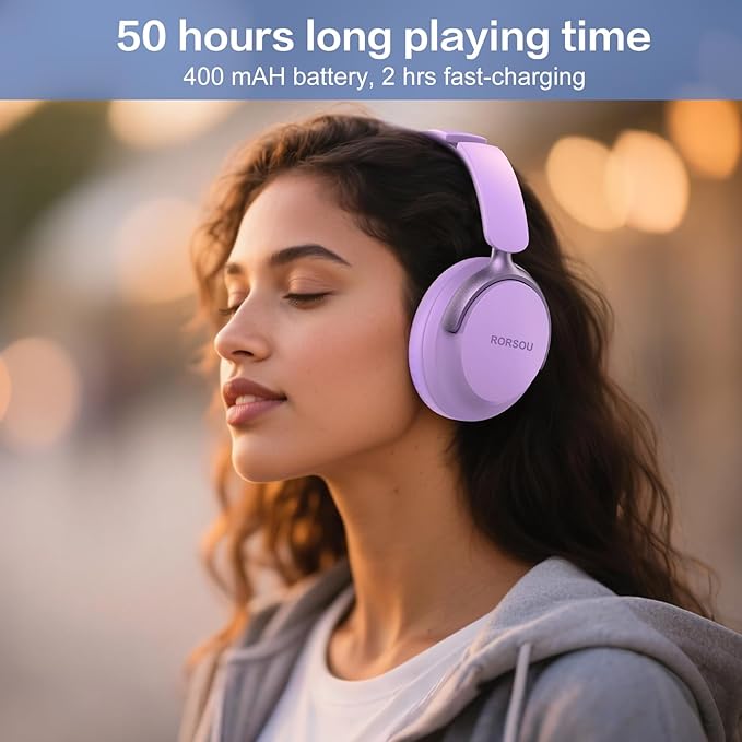 RORSOU B8 Bluetooth Headphones Over Ear, 6 EQ Music Modes and 50H Playtime Deep Bass Wireless Headphones with Mic, Lightweight Folding HiFi Stereo Headset for iPad/Travel/Tablet/PC/Home Purple